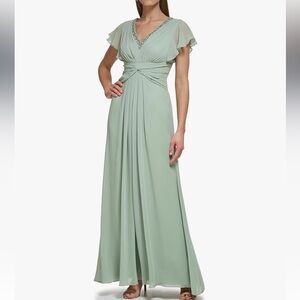 ELIZA J sage green Twist Waist Chiffon Flutter Sleeve Beaded Vneck Dress 16 New